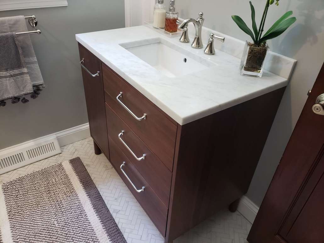 Bathroom Remodel Furniture Style Vanity Wood Tone Marble Top
