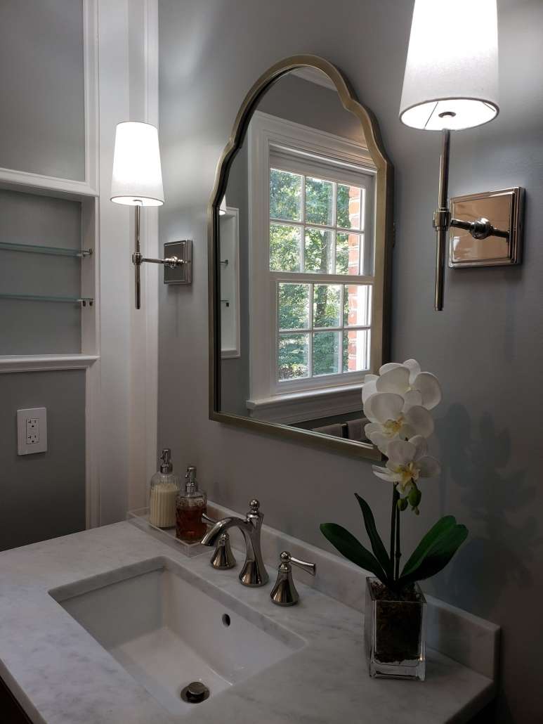 Bathroom Remodel Vanity Mirror Wall Sconces Marble Tops Polished Nickel Fixtures